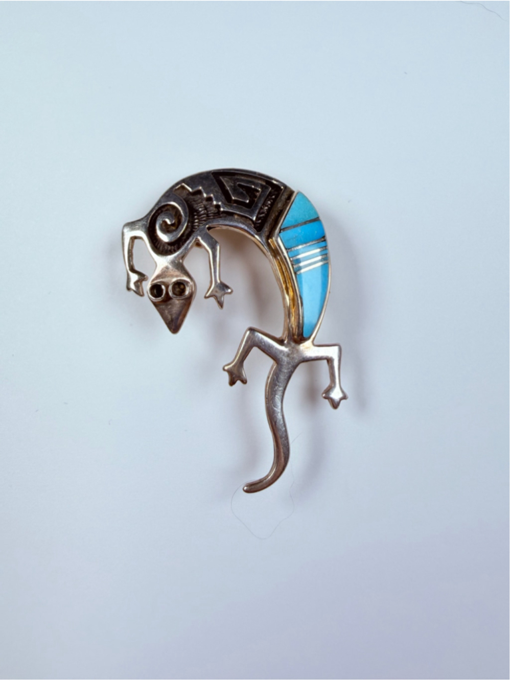 Native American Navajo Charlie Bowie Turquoise Lizard Sterling Silver Pin Brooch